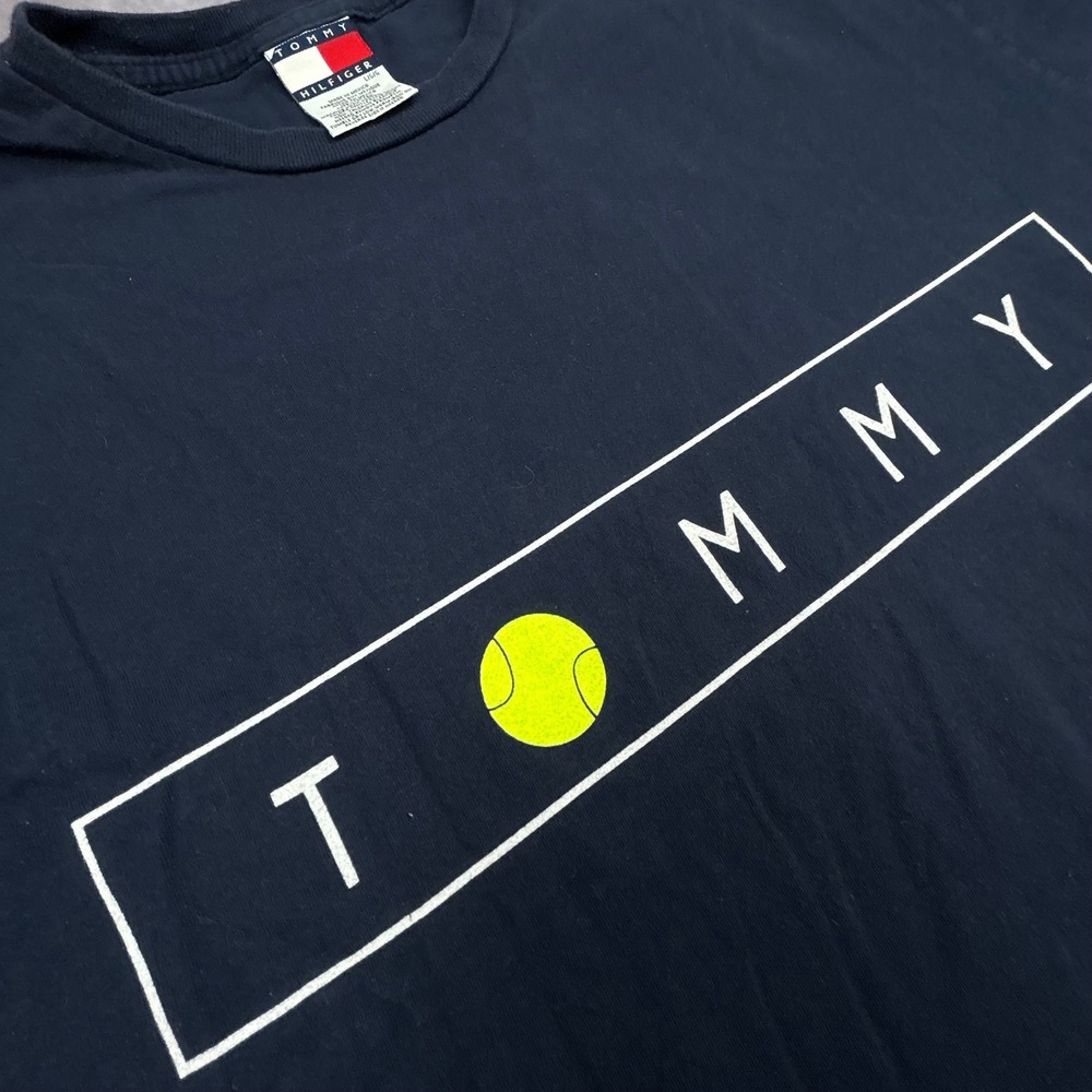 Vintage Tommy Hilfiger Tennis Graphic T-Shirt Navy Blue Mens Large 90s Y2K Boxy - Picture 4 of 7